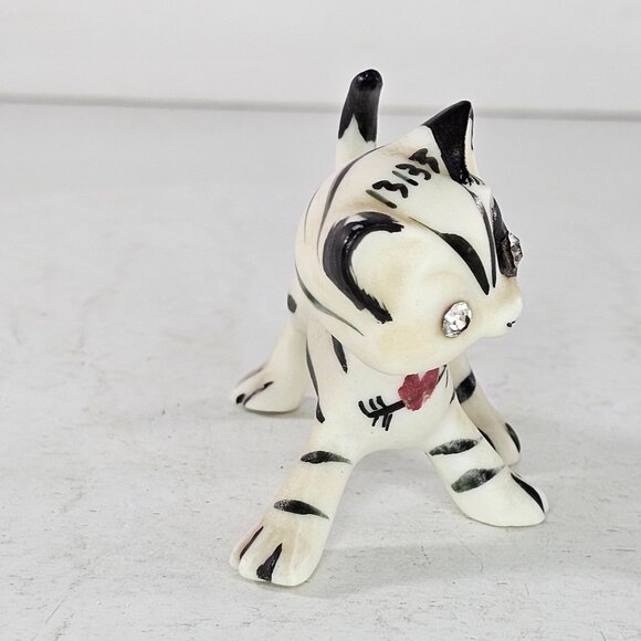 Striped Ceramic Cat Bobble Head Nodder Figurine Rhinestone Eyes Signed Numbered - Picture 3 of 9